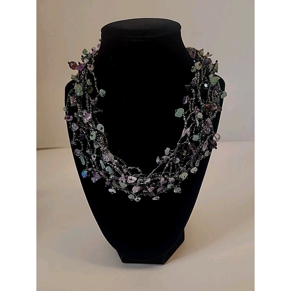 Multi-strand Semi-precious Stone Chips & Glass Seed Bead Statement Necklace 19"